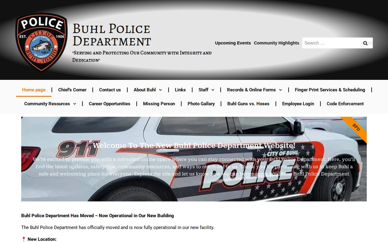 Buhl Police Department official records and booking-report information page