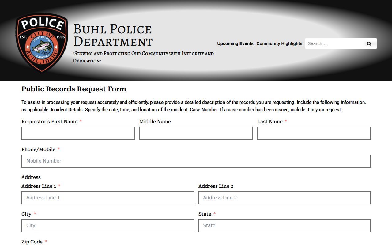 Buhl Police public-record request form for arrest and booking records
