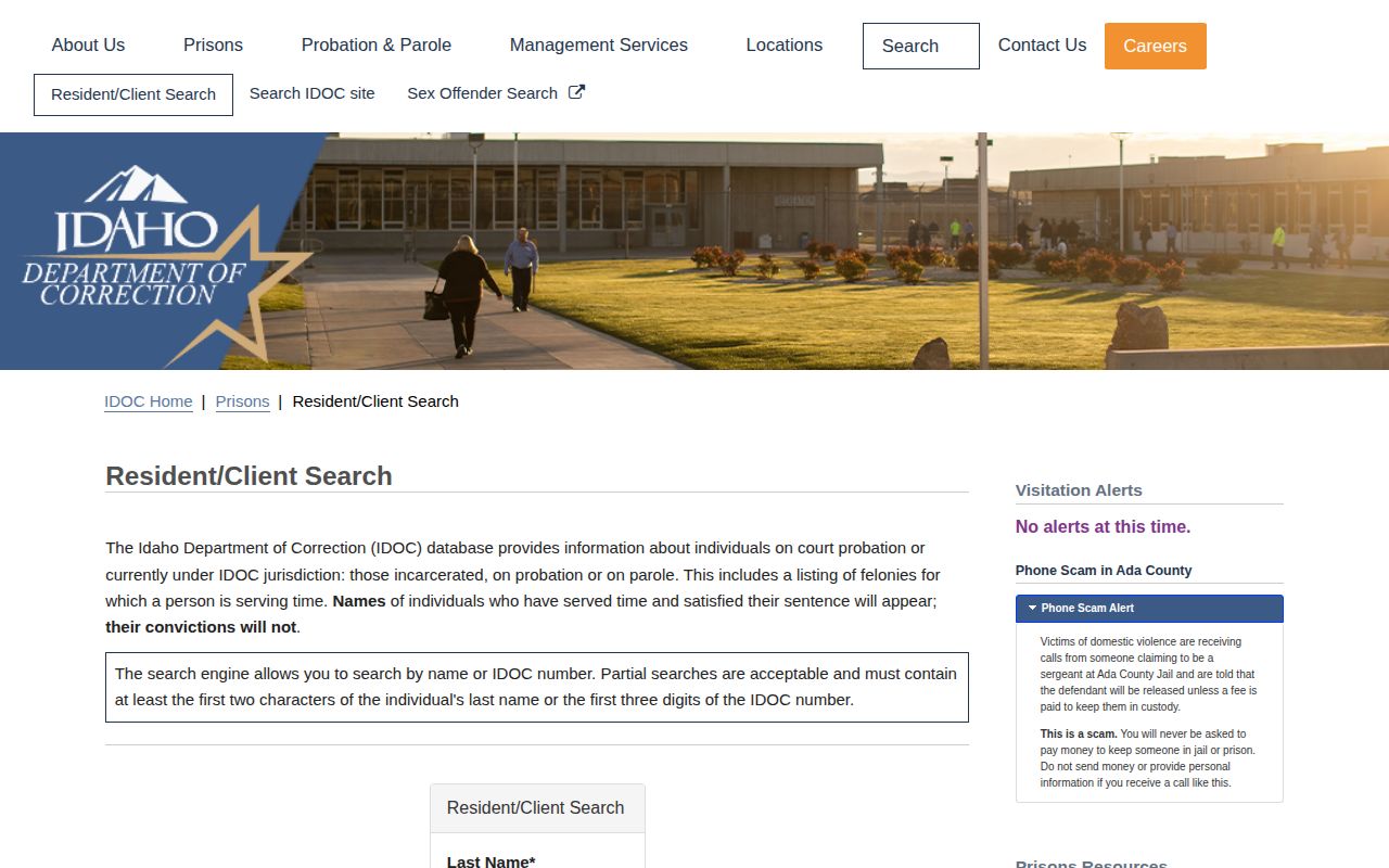 Idaho Department of Correction resident client search for Twin Falls County state custody records