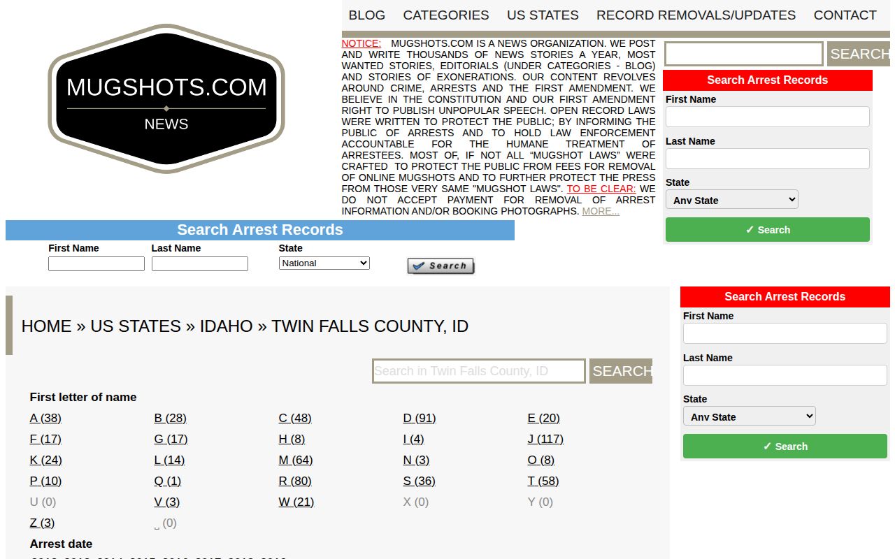 Historical Twin Falls County Mugshots.com county index