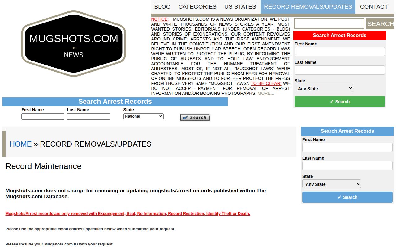 Mugshots.com record-maintenance policy for Twin Falls County historical booking pages
